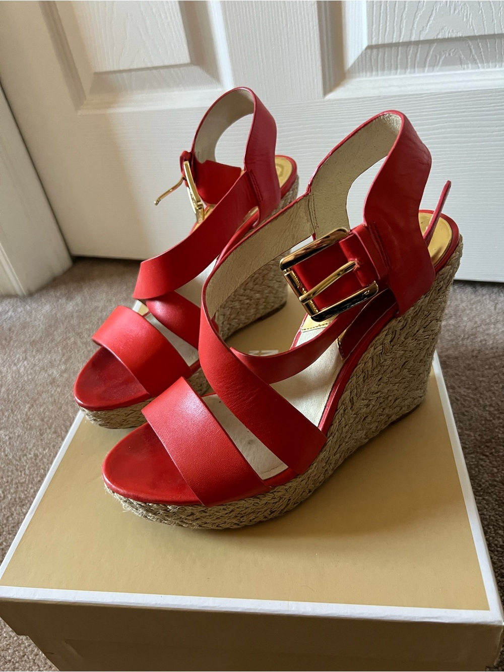 Michael Kors Red Espadrille Wedge Sandals with Gold Buckle